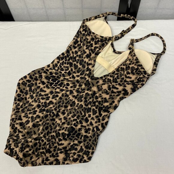 Aqua Green Shirred Side Front One Piece Low V Neck Leopard Spot Swimsuit NWT S - Picture 8 of 12